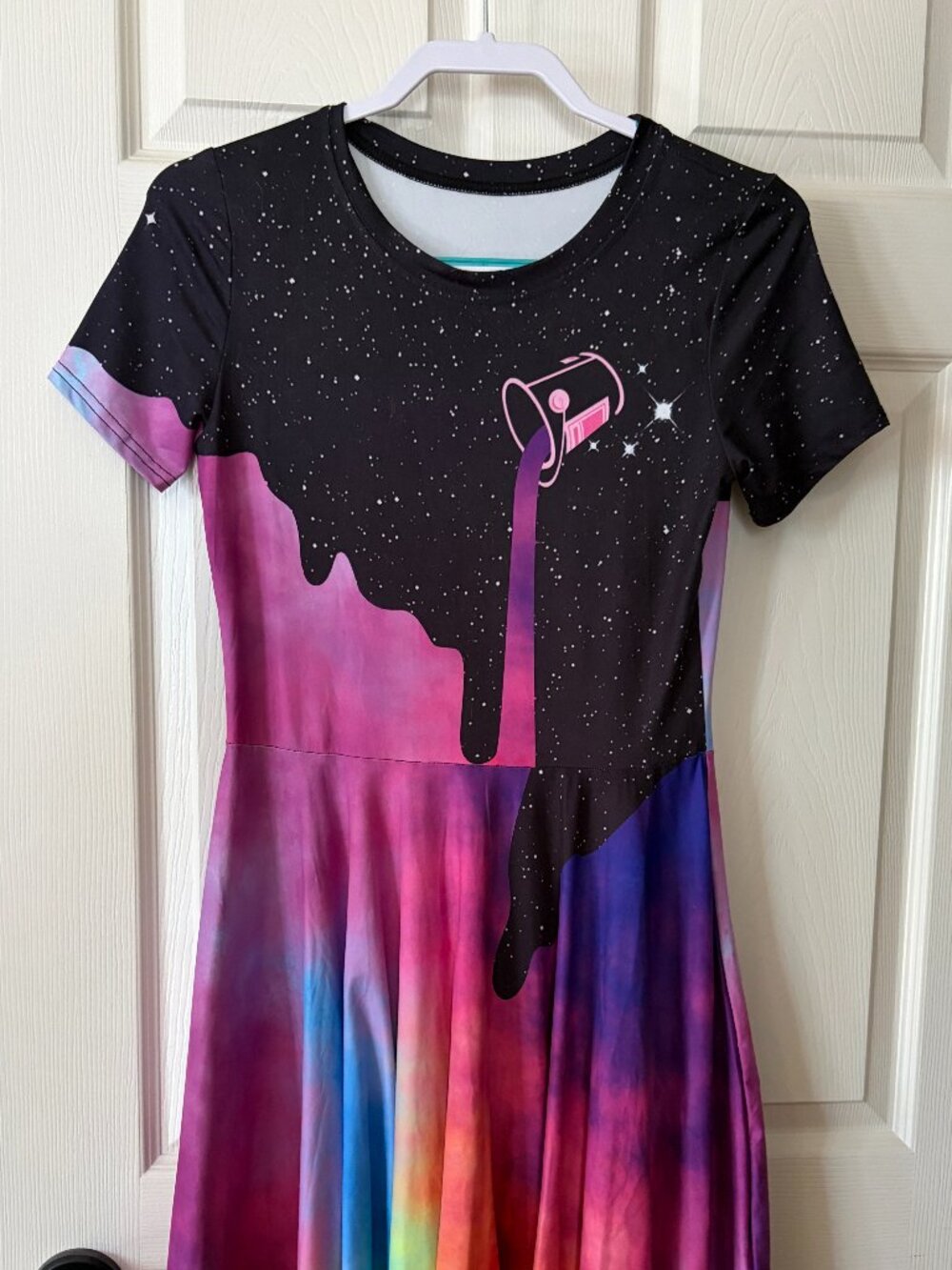 Rainbow Galaxy Paint Pour Skater Dress Cosmic Star Print Colorful